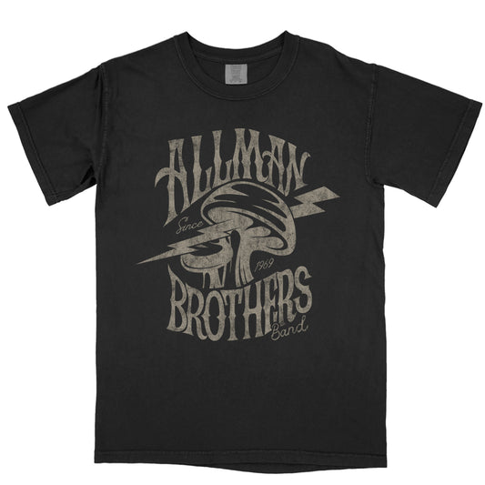 A black heavyweight t-shirt with 'Allman Brothers Band' text and a graphic of a skull and crossed guitars printed on the front.
