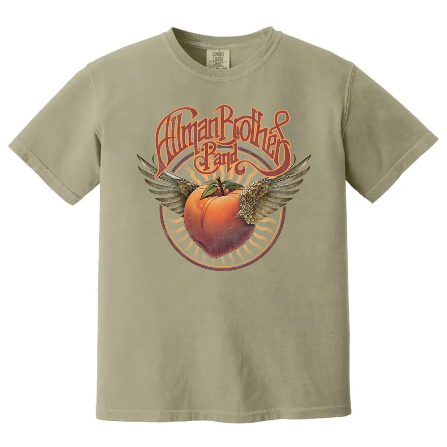 Olive green t-shirt with Allman Brothers Band logo featuring an orange and wings on a white background