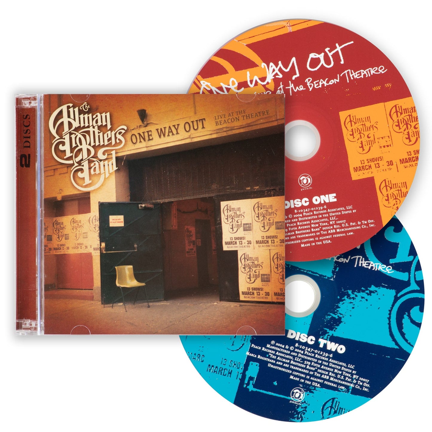 The image shows the CD case and discs for the Allman Brothers Band album 'One Way Out: Live at the Beacon Theatre'. The cover features a black and white photo of the band's stage setup, with the title and band name prominently displayed.