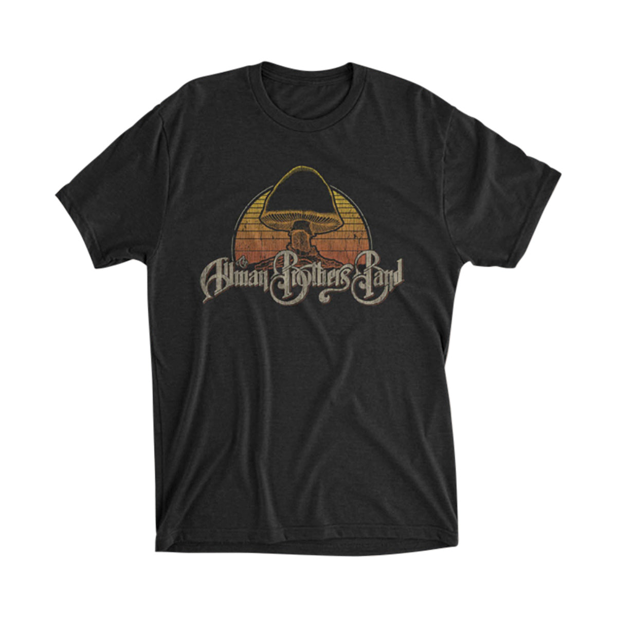 Black crew neck t-shirt with the Allman Brothers Band logo printed in the center.