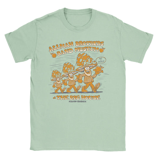 A green crew neck t-shirt with a graphic print of marching mushroom men on the front.