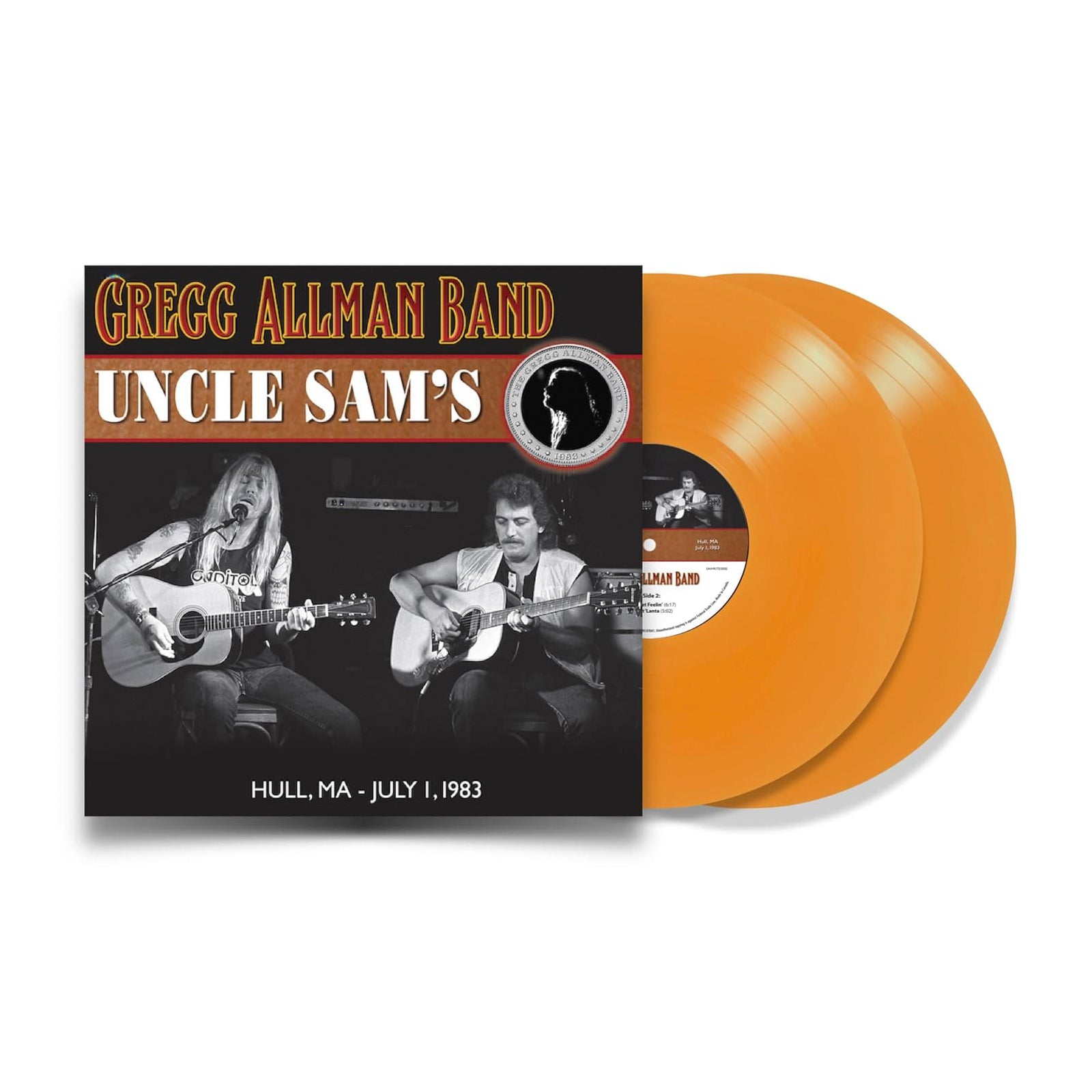 Vinyl record set with 'Gregg Allman Band' cover featuring two musicians and album details. GREGG ALLMAN - UNCLE SAM'S Trippy Tangerine Double LP