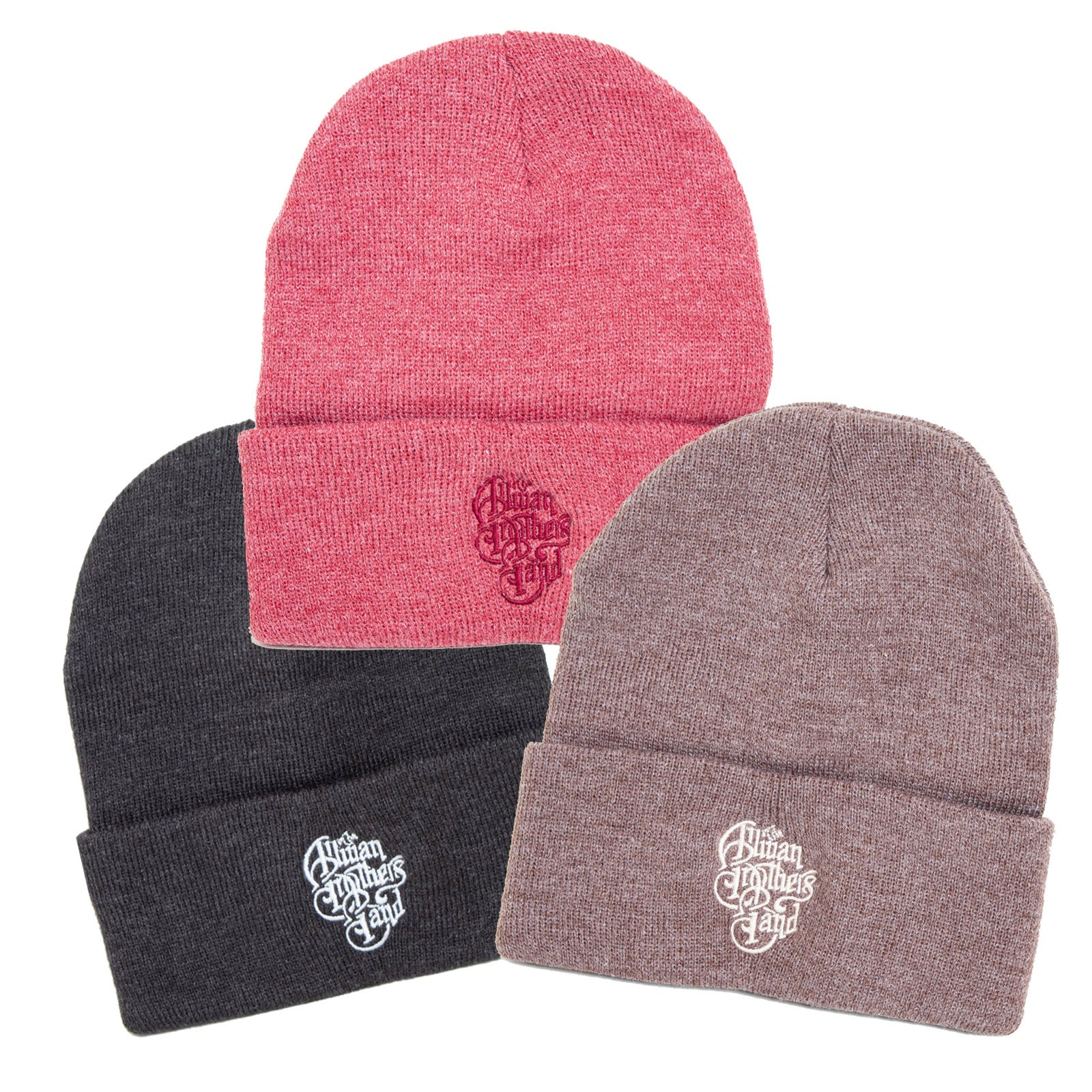 Three knit beanie hats in red, black, and gray with a logo on a white background