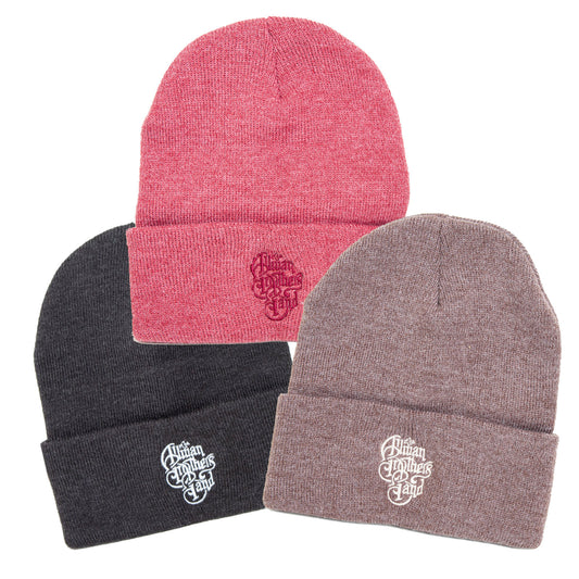 Three knit beanie hats in red, black, and gray with a logo on a white background