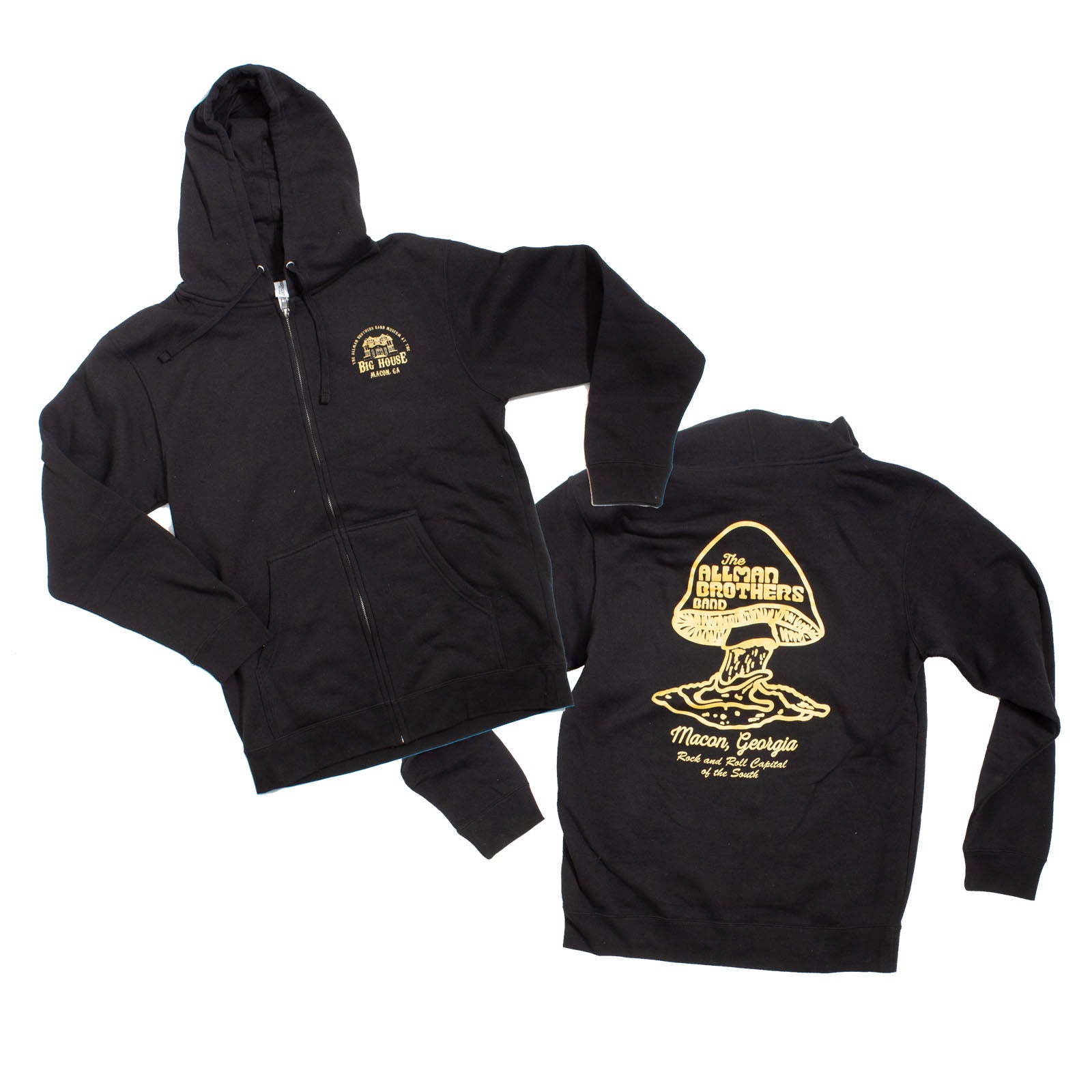 Black hoodie with yellow graphics on a white background