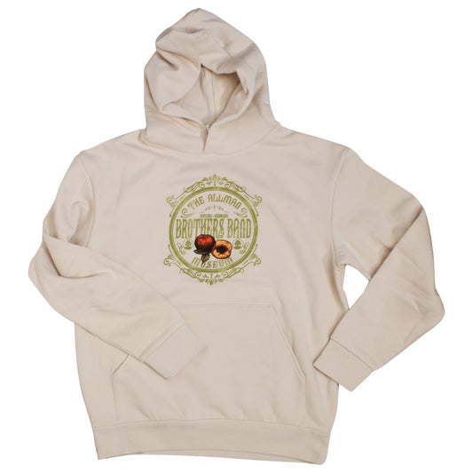 Beige hoodie with a graphic design on a white background